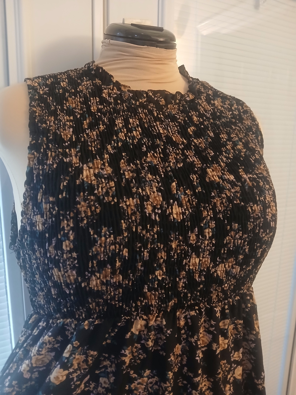 Black and Brown Sleeveless Floral Smocked Bodice Sundress
